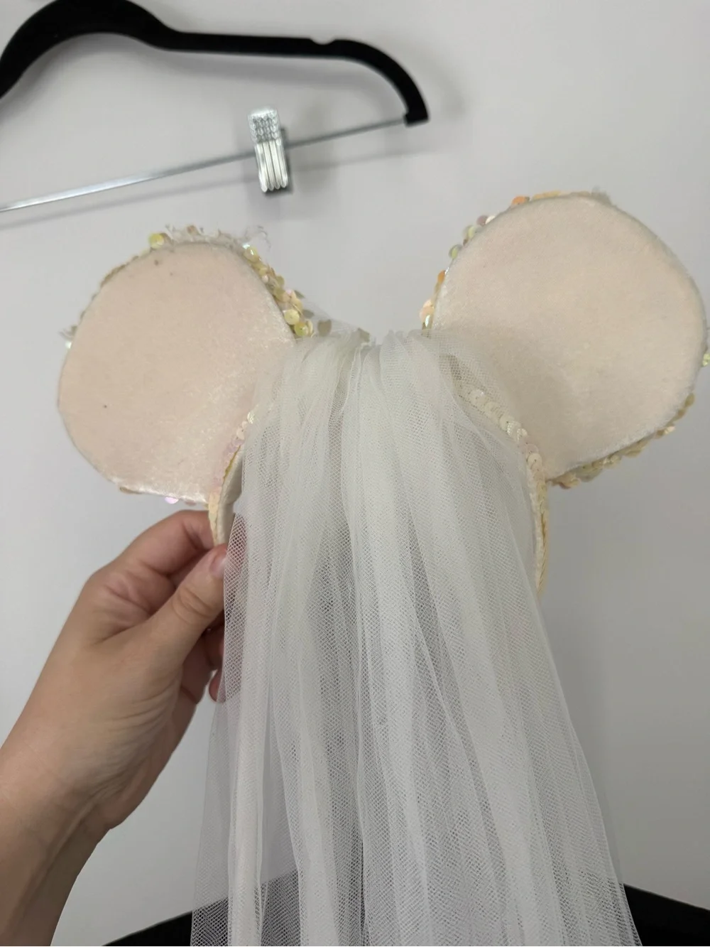 Disney Sequin Mouse Ear Headband with White Veil and Pink Rose